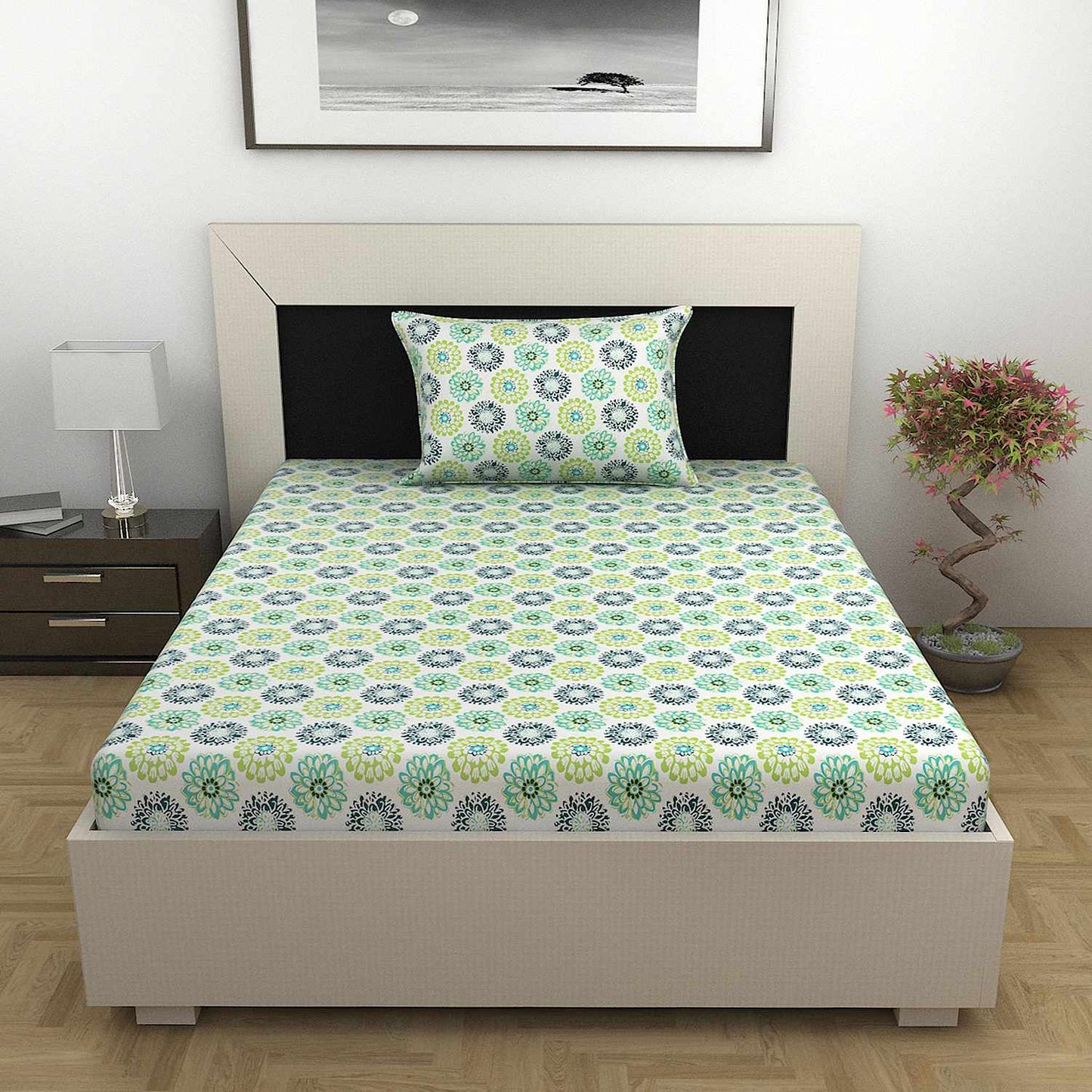 Green Dahlia Floral Printed Single Bedsheet