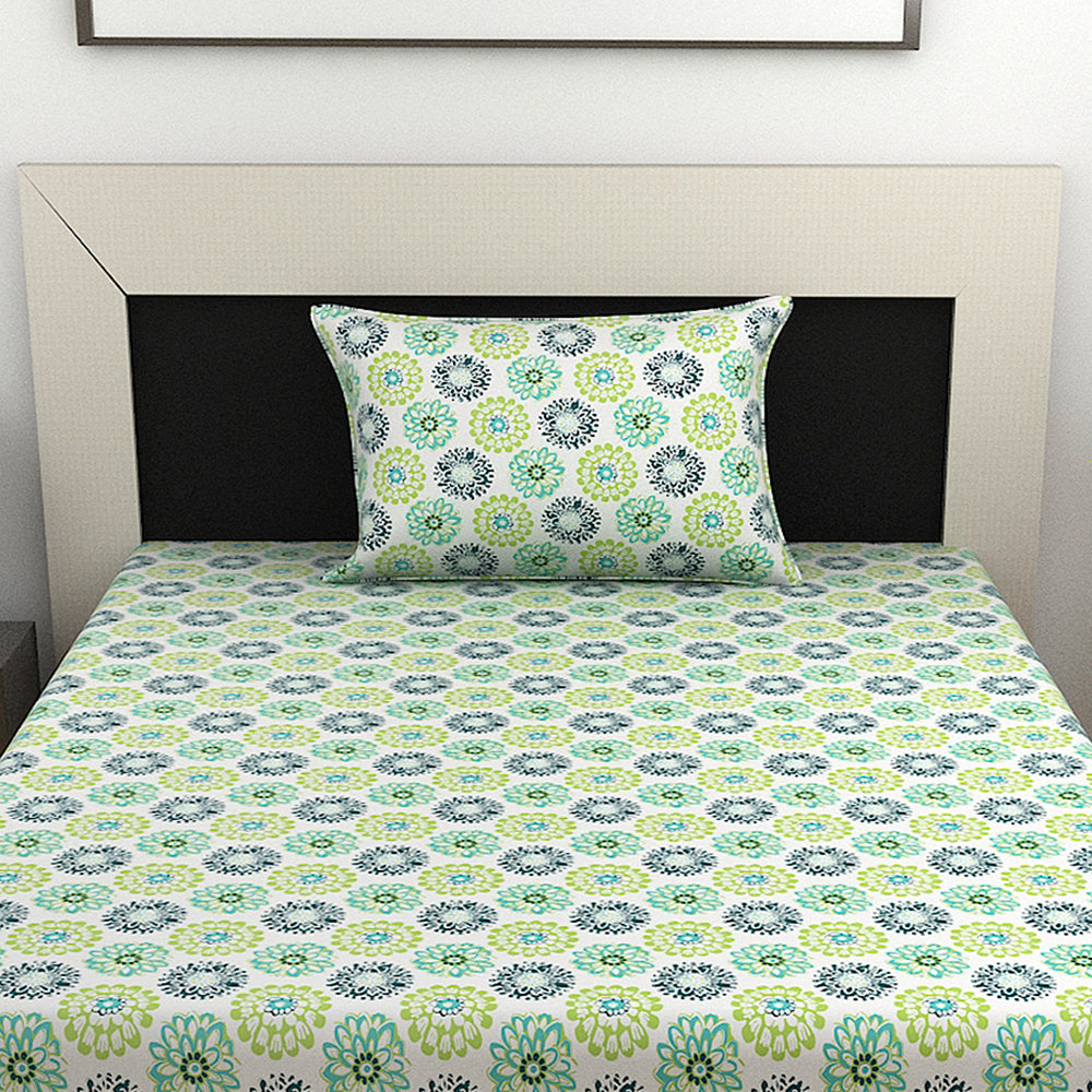 Green Dahlia Floral Printed Single Bedsheet
