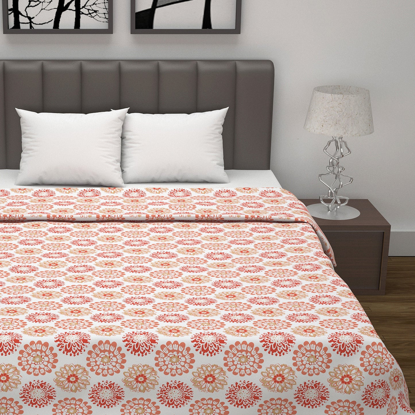 Peach Dahlia Floral Soft Silk Touch 144 TC 100% Cotton Dohar for Double Bed