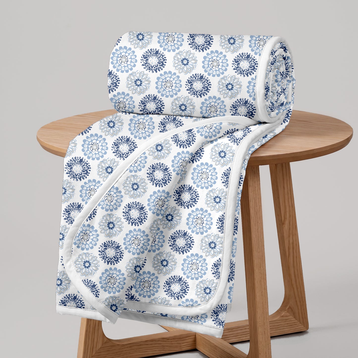 Blue and Grey Dahlia Floral Soft Silk Touch 144 TC 100% Cotton Dohar for Double Bed
