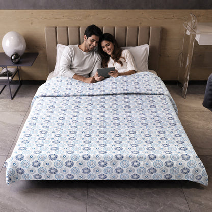 Blue and Grey Dahlia Floral Soft Silk Touch 144 TC 100% Cotton Dohar for Double Bed