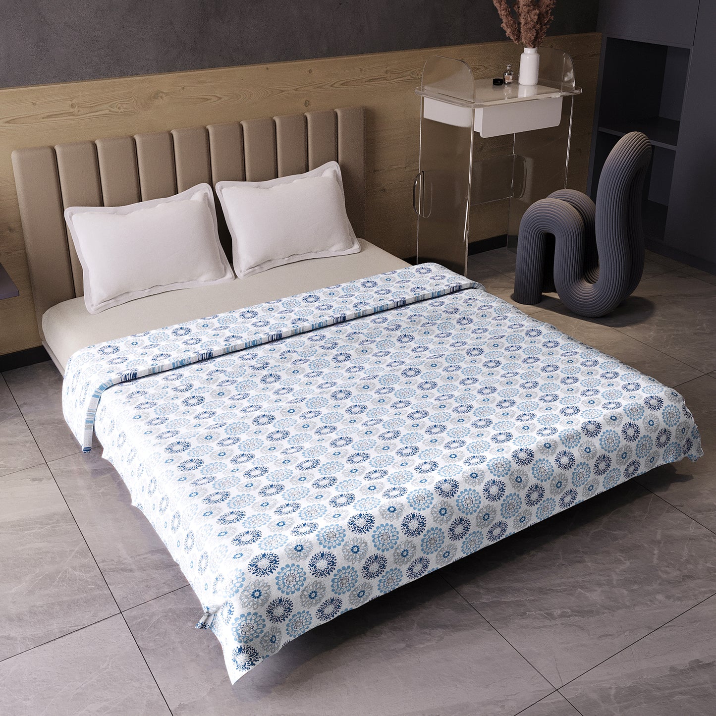 Blue and Grey Dahlia Floral Soft Silk Touch 144 TC 100% Cotton Dohar for Double Bed
