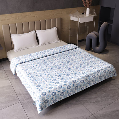 Blue and Grey Dahlia Floral Soft Silk Touch 144 TC 100% Cotton Dohar for Double Bed