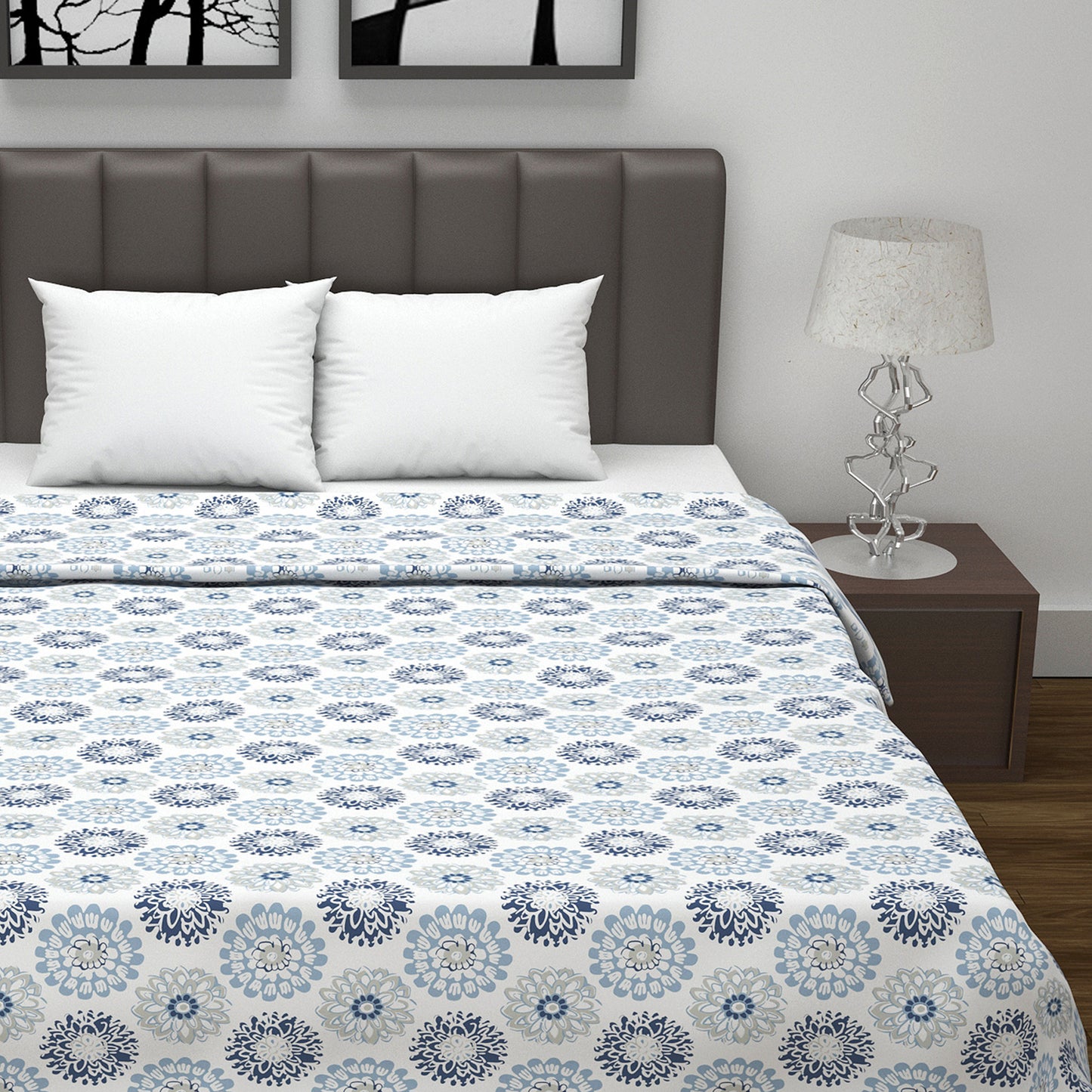 Blue and Grey Dahlia Floral Soft Silk Touch 144 TC 100% Cotton Dohar for Double Bed
