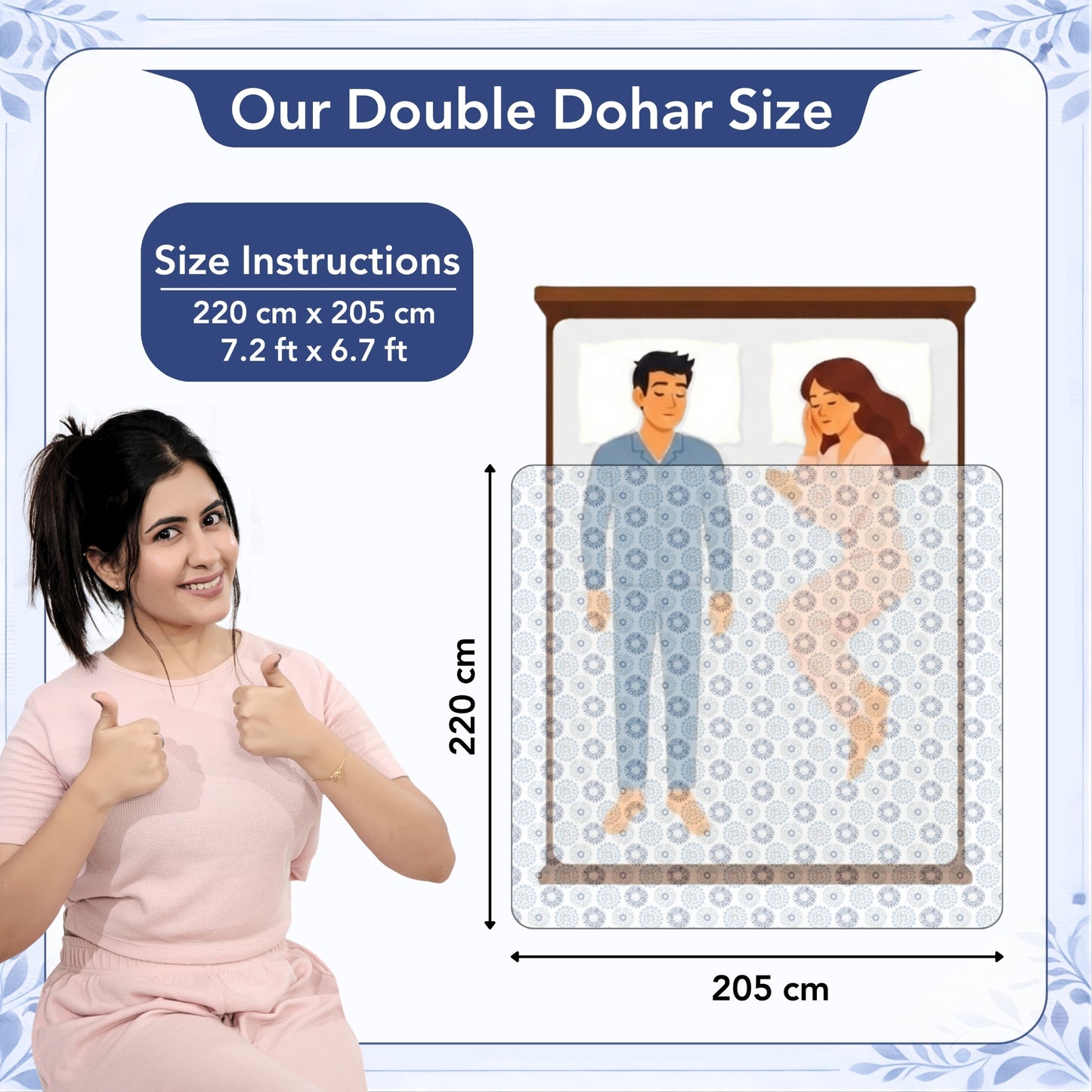 Blue and Grey Dahlia Floral Soft Silk Touch 144 TC 100% Cotton Dohar for Double Bed