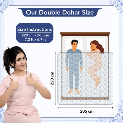 Blue and Grey Dahlia Floral Soft Silk Touch 144 TC 100% Cotton Dohar for Double Bed