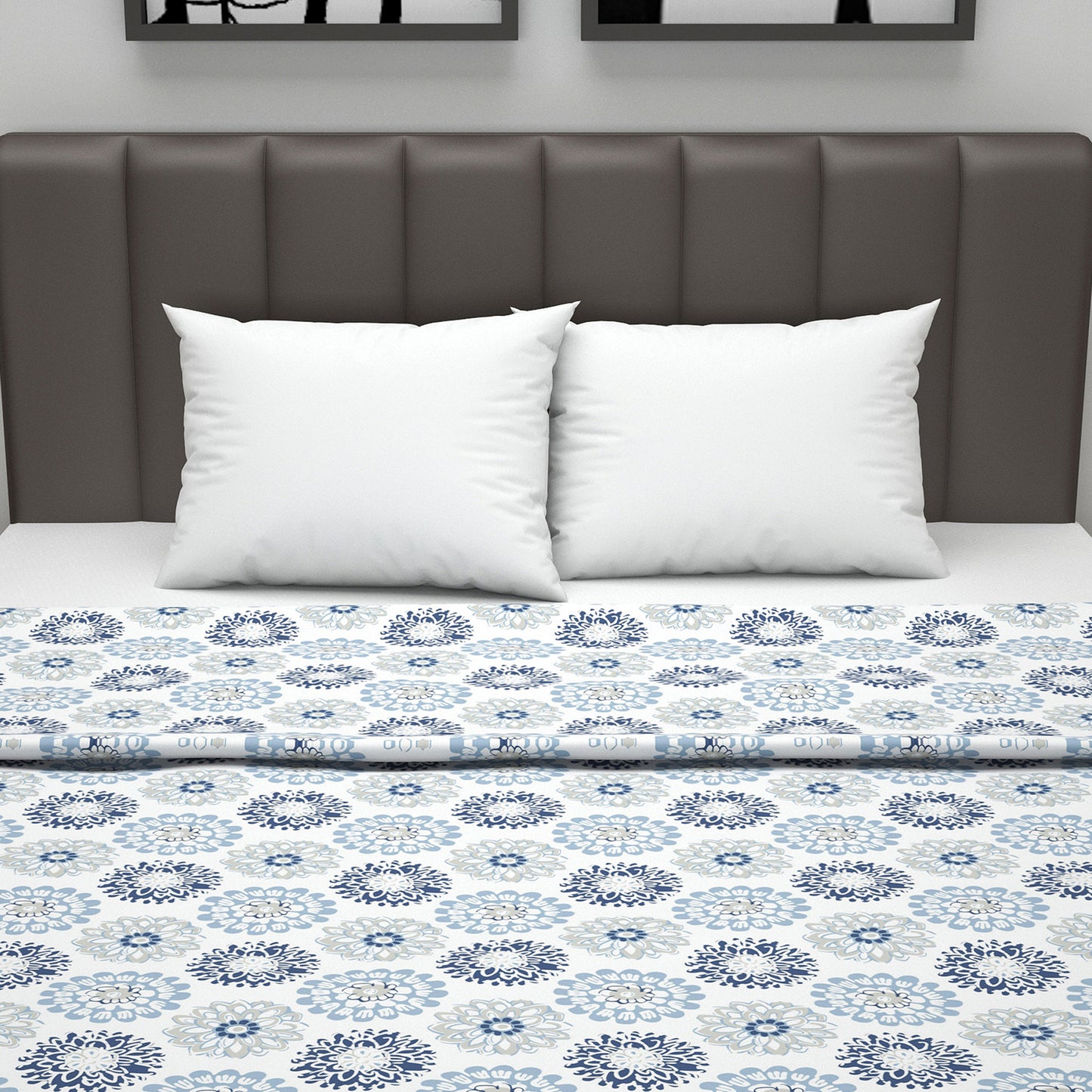 Blue and Grey Dahlia Floral Soft Silk Touch 144 TC 100% Cotton Dohar for Double Bed