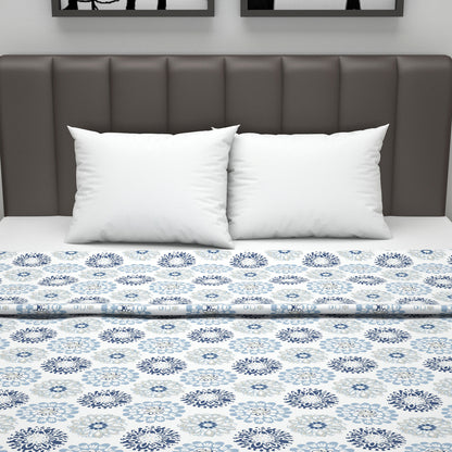 Blue and Grey Dahlia Floral Soft Silk Touch 144 TC 100% Cotton Dohar for Double Bed