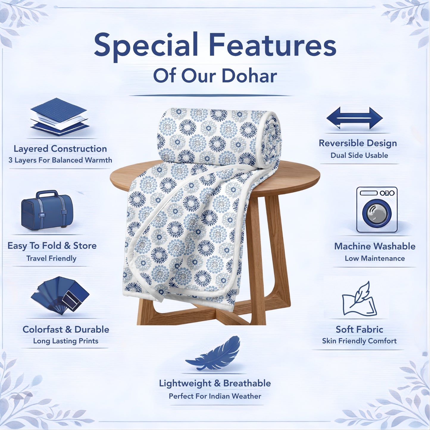 Blue and Grey Dahlia Floral Soft Silk Touch 144 TC 100% Cotton Dohar for Double Bed