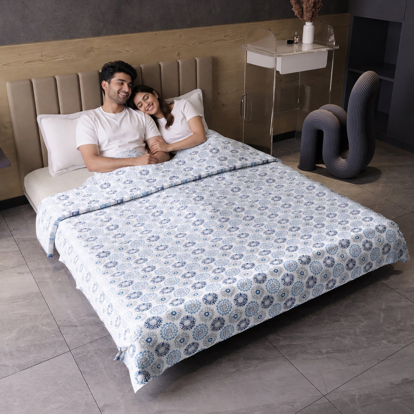 Blue and Grey Dahlia Floral Soft Silk Touch 144 TC 100% Cotton Dohar for Double Bed