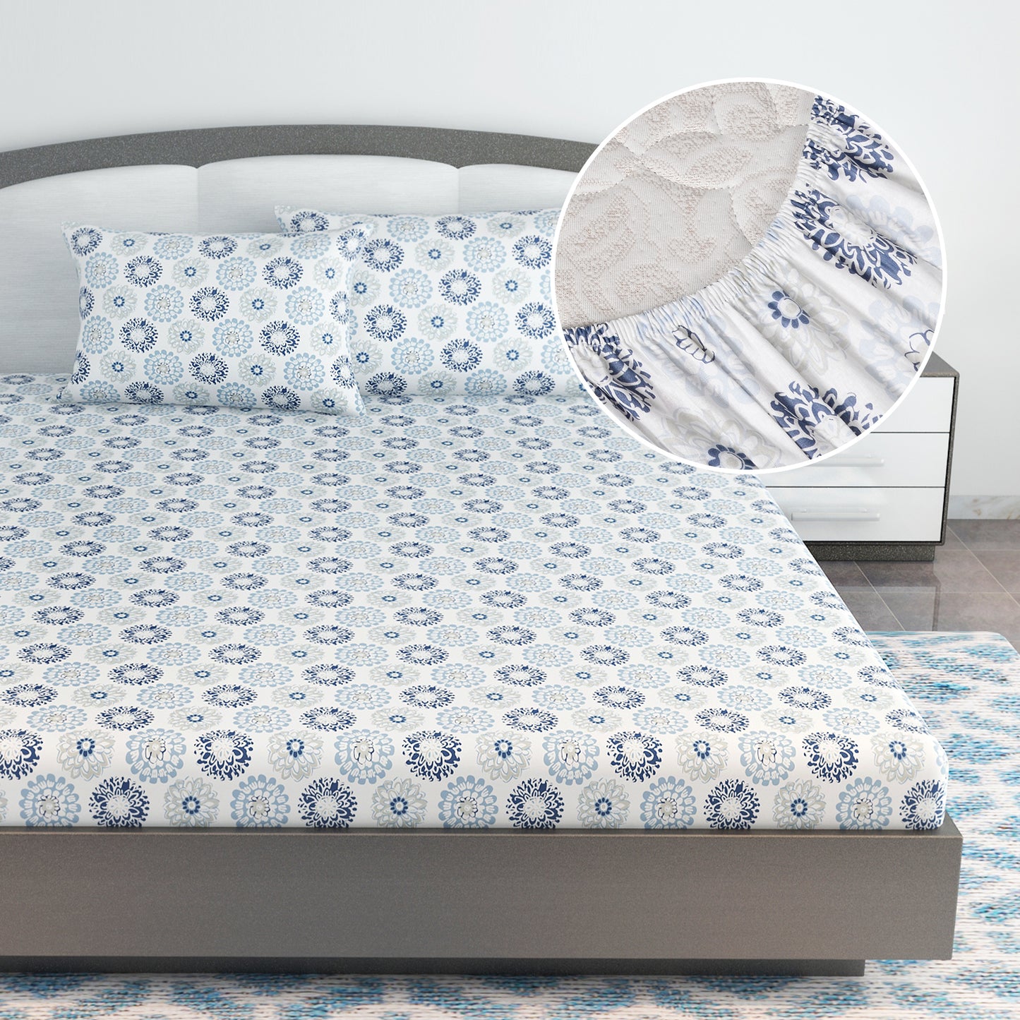 Dahlia Print Elastic Fitted King Bed Bedsheet