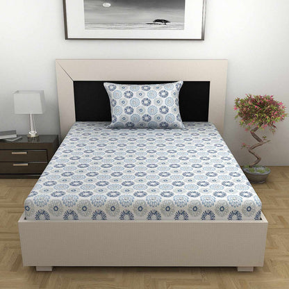 Blue and Grey 144 TC 100% Cotton Dahila Single Bedsheet With Pillow cover For Bedroom