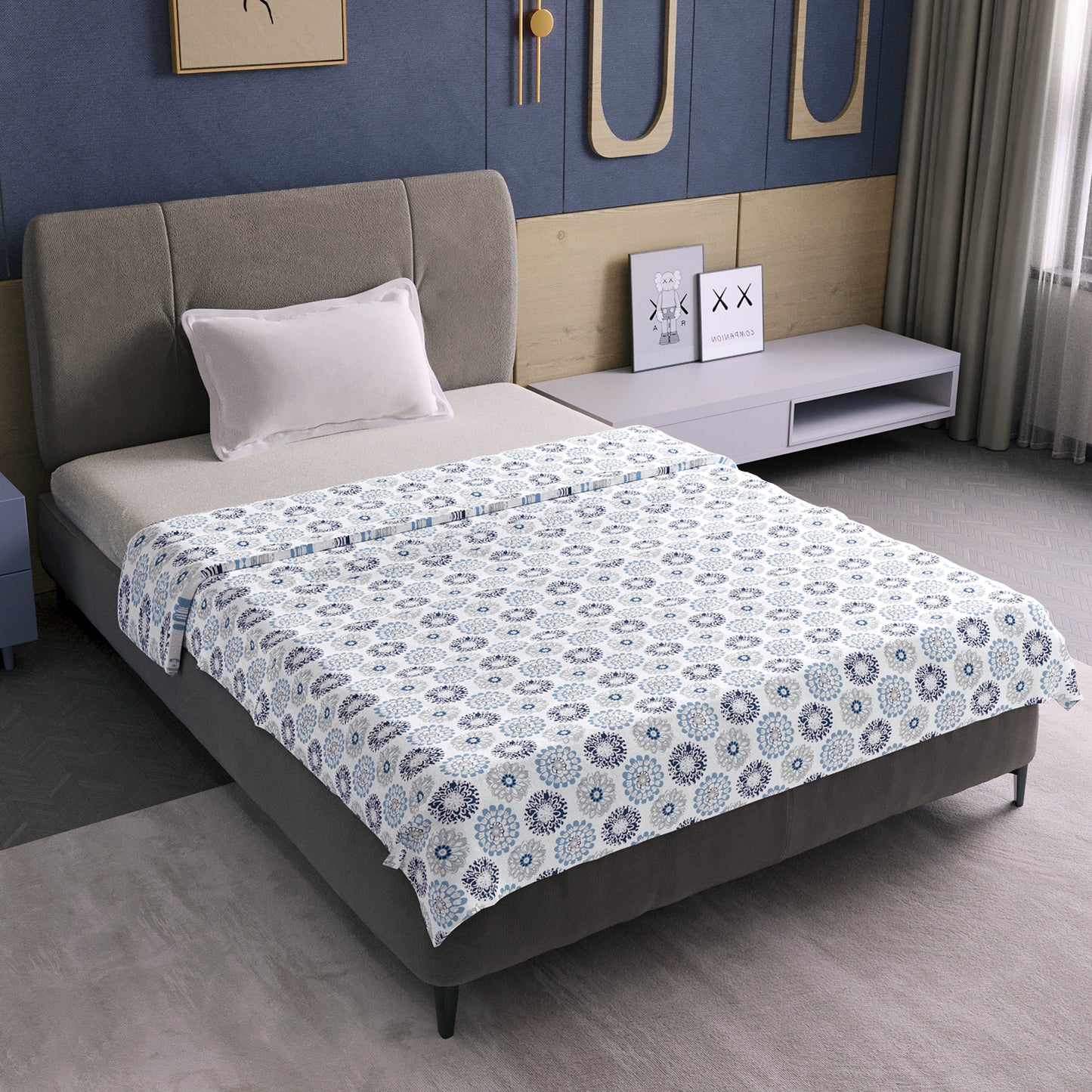 Blue and Grey Dahlia Floral Soft Silk Touch 144 TC 100% Cotton Dohar for Single Bed