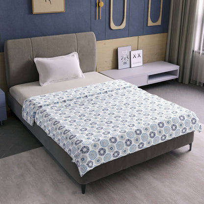 Blue and Grey Dahlia Floral Soft Silk Touch 144 TC 100% Cotton Dohar for Single Bed