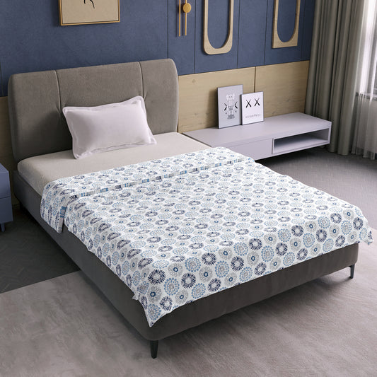 Blue and Grey Dahlia Floral Soft Silk Touch 144 TC 100% Cotton Dohar for Single Bed