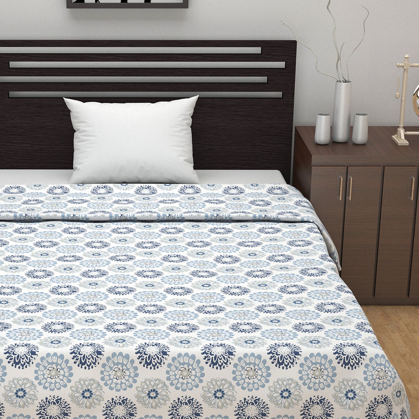 Blue and Grey Dahlia Floral Soft Silk Touch 144 TC 100% Cotton Dohar for Single Bed