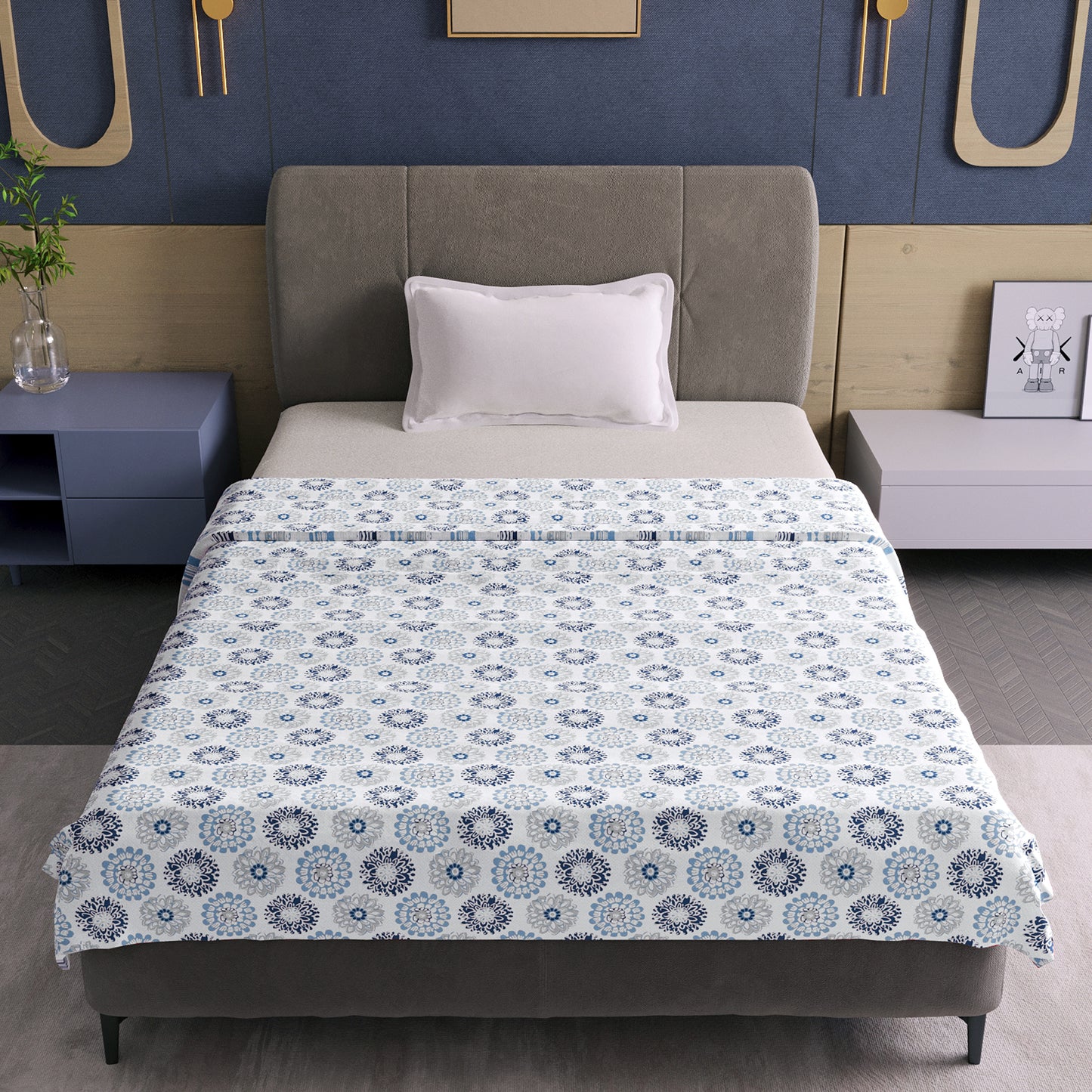 Blue and Grey Dahlia Floral Soft Silk Touch 144 TC 100% Cotton Dohar for Single Bed