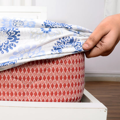 Blue Grey Floral Elastic Fitted Bedsheet for Double Bed