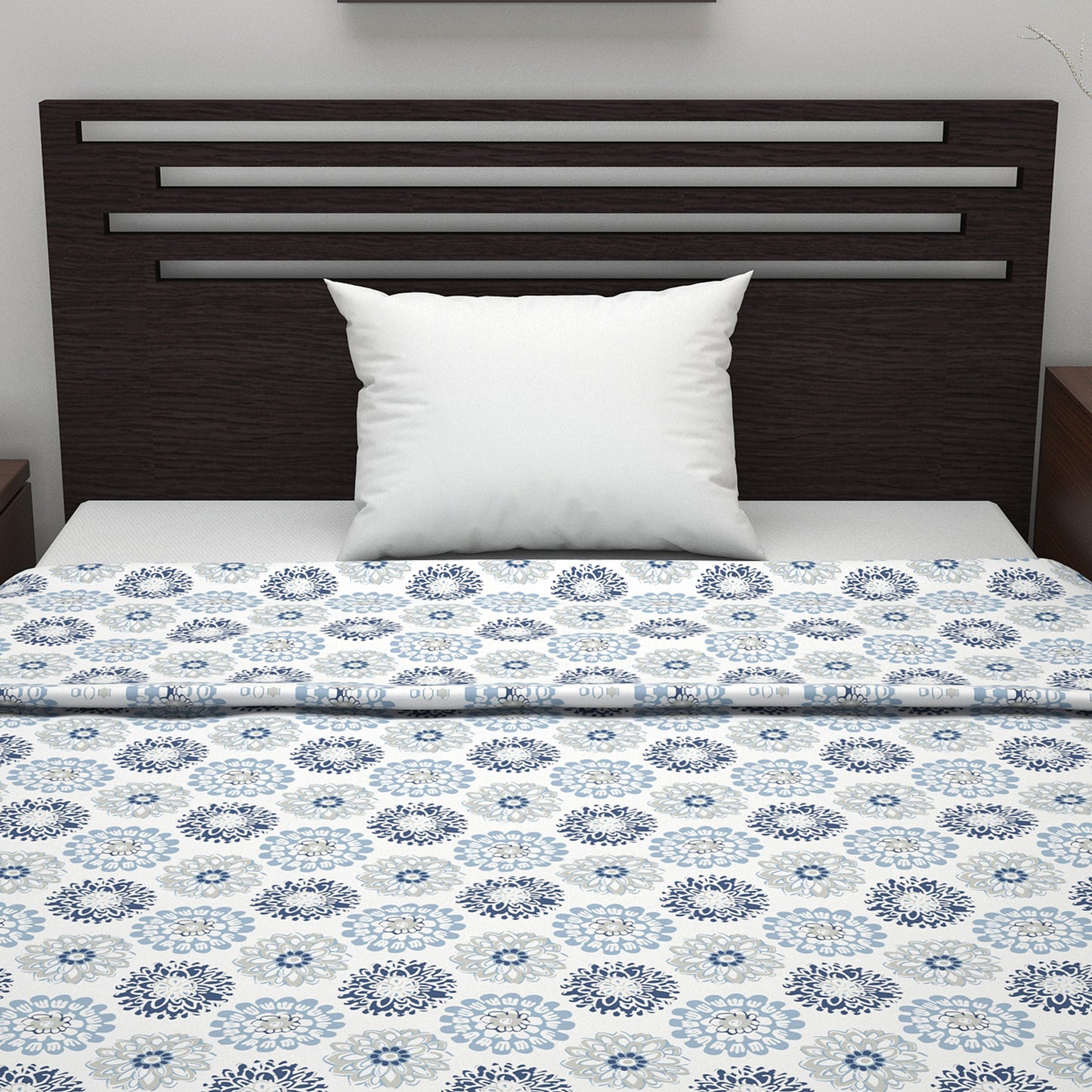 Blue and Grey Dahlia Floral Soft Silk Touch 144 TC 100% Cotton Dohar for Single Bed