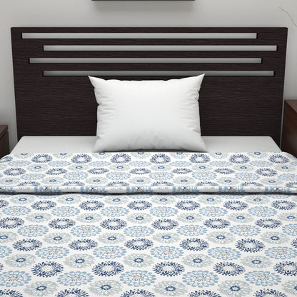 Blue and Grey Dahlia Floral Soft Silk Touch 144 TC 100% Cotton Dohar for Single Bed