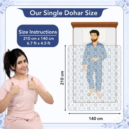 Blue and Grey Dahlia Floral Soft Silk Touch 144 TC 100% Cotton Dohar for Single Bed
