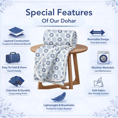 Blue and Grey Dahlia Floral Soft Silk Touch 144 TC 100% Cotton Dohar for Single Bed