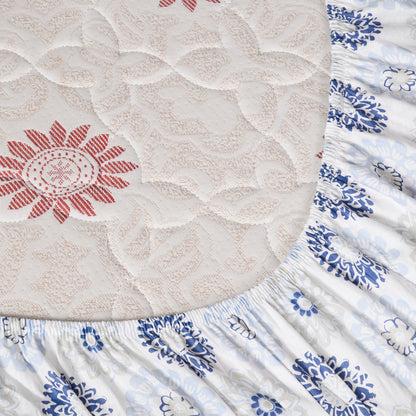 Blue Grey Floral Elastic Fitted Bedsheet for Double Bed