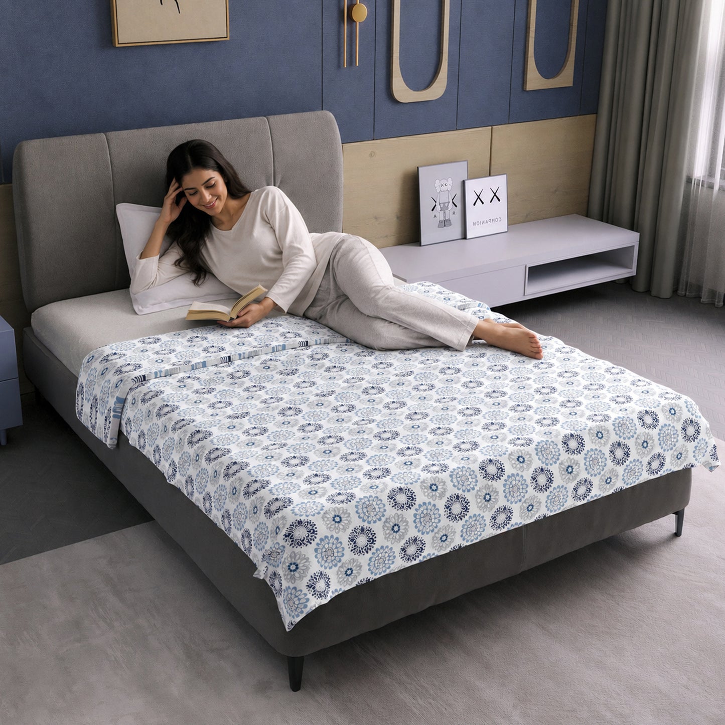 Blue and Grey Dahlia Floral Soft Silk Touch 144 TC 100% Cotton Dohar for Single Bed