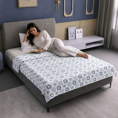 Blue and Grey Dahlia Floral Soft Silk Touch 144 TC 100% Cotton Dohar for Single Bed
