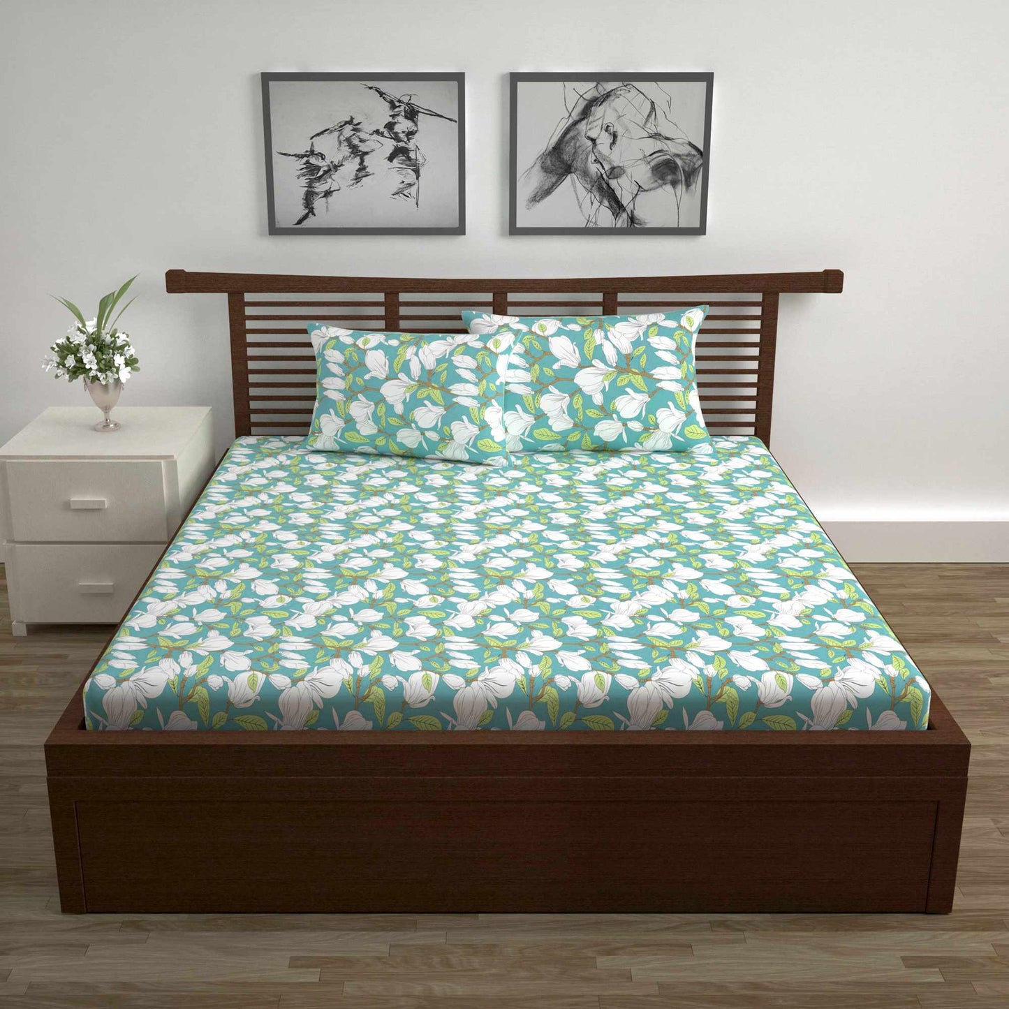 Blue And White  144 TC 100% Cotton Flower Pattern Double Bed Bedsheet with 2 Pillow Covers Bed Sheet For Bedroom