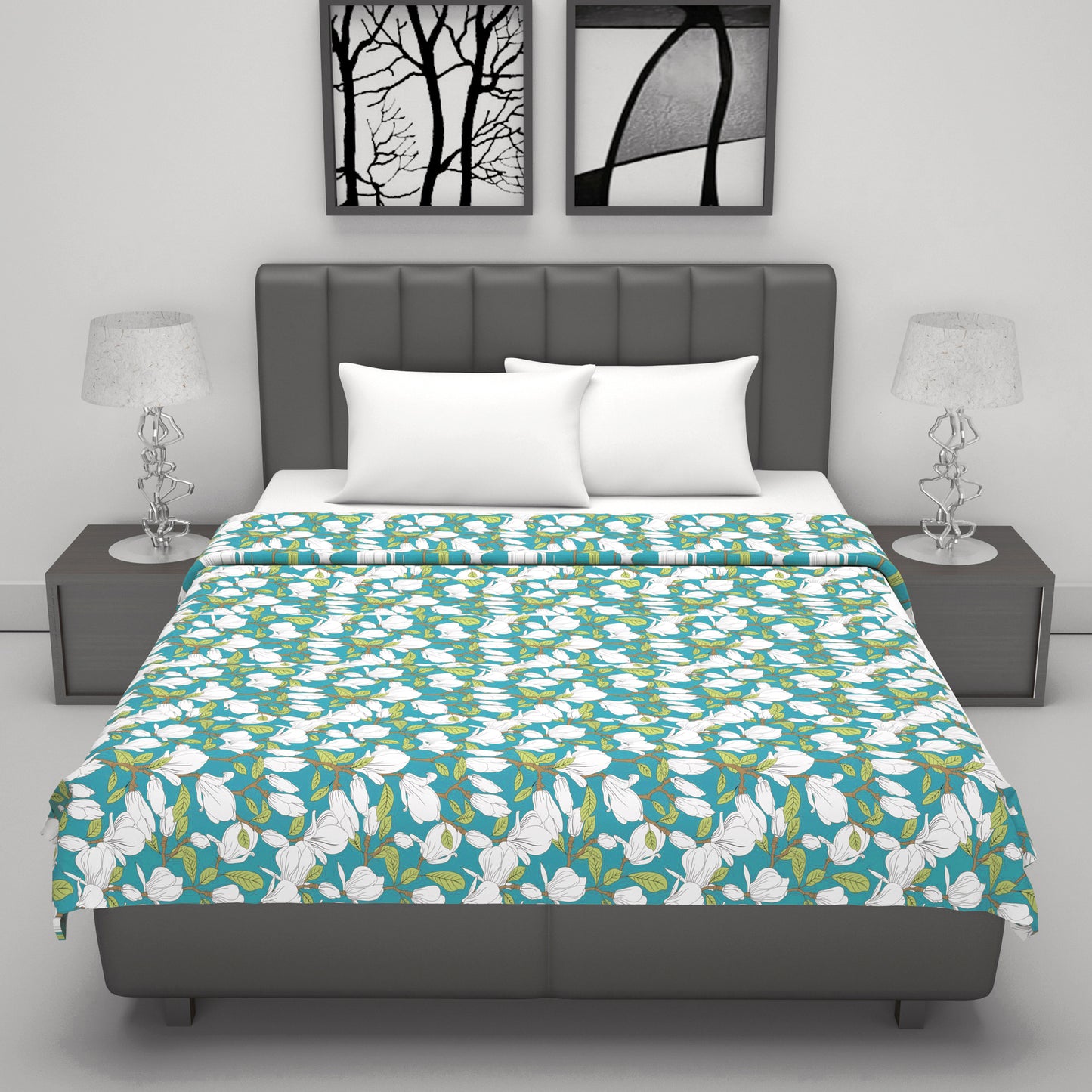 Grey and Green Floral Cotton Dohar Combo For Double Bed Set of 2