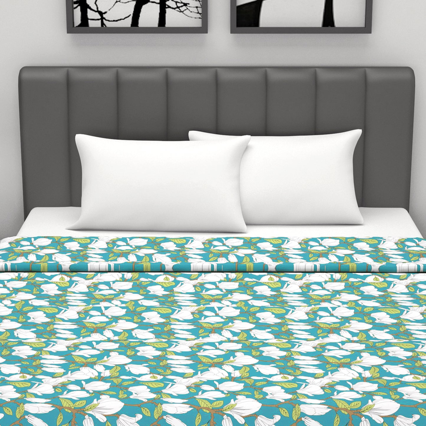 Grey and Green Floral Cotton Dohar Combo For Double Bed Set of 2