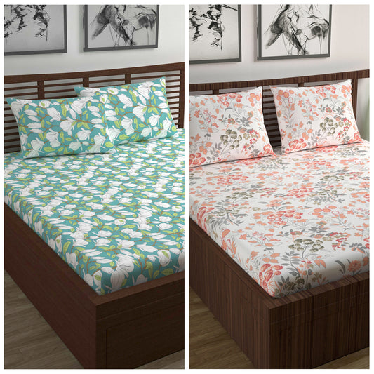 Green and Peach Floral Print Elastic Fitted Combo Bedsheet For Double Bed