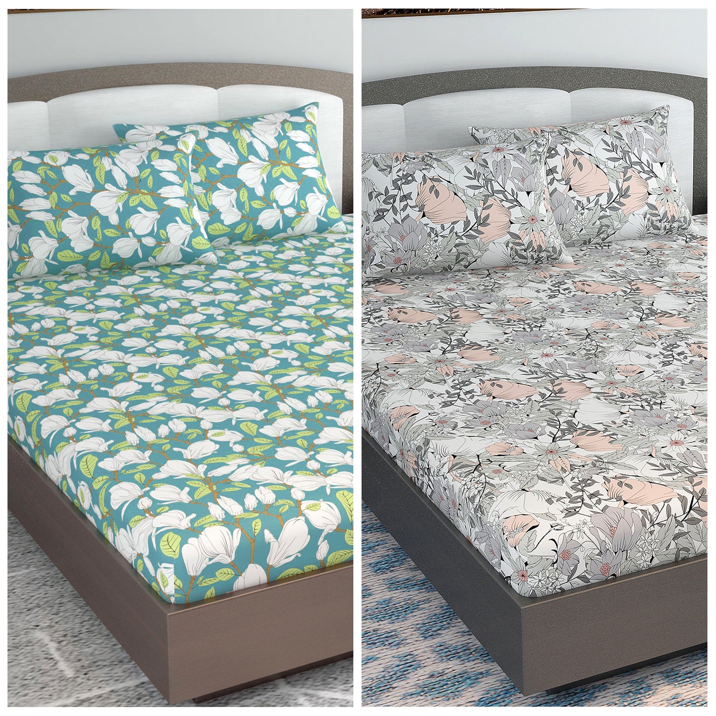 Green and Grey Floral Set of 2 Combo Bedsheet for King Size Bed