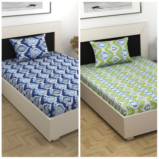 Green and Blue Damask Motif Combo Bedsheet for Single Bed