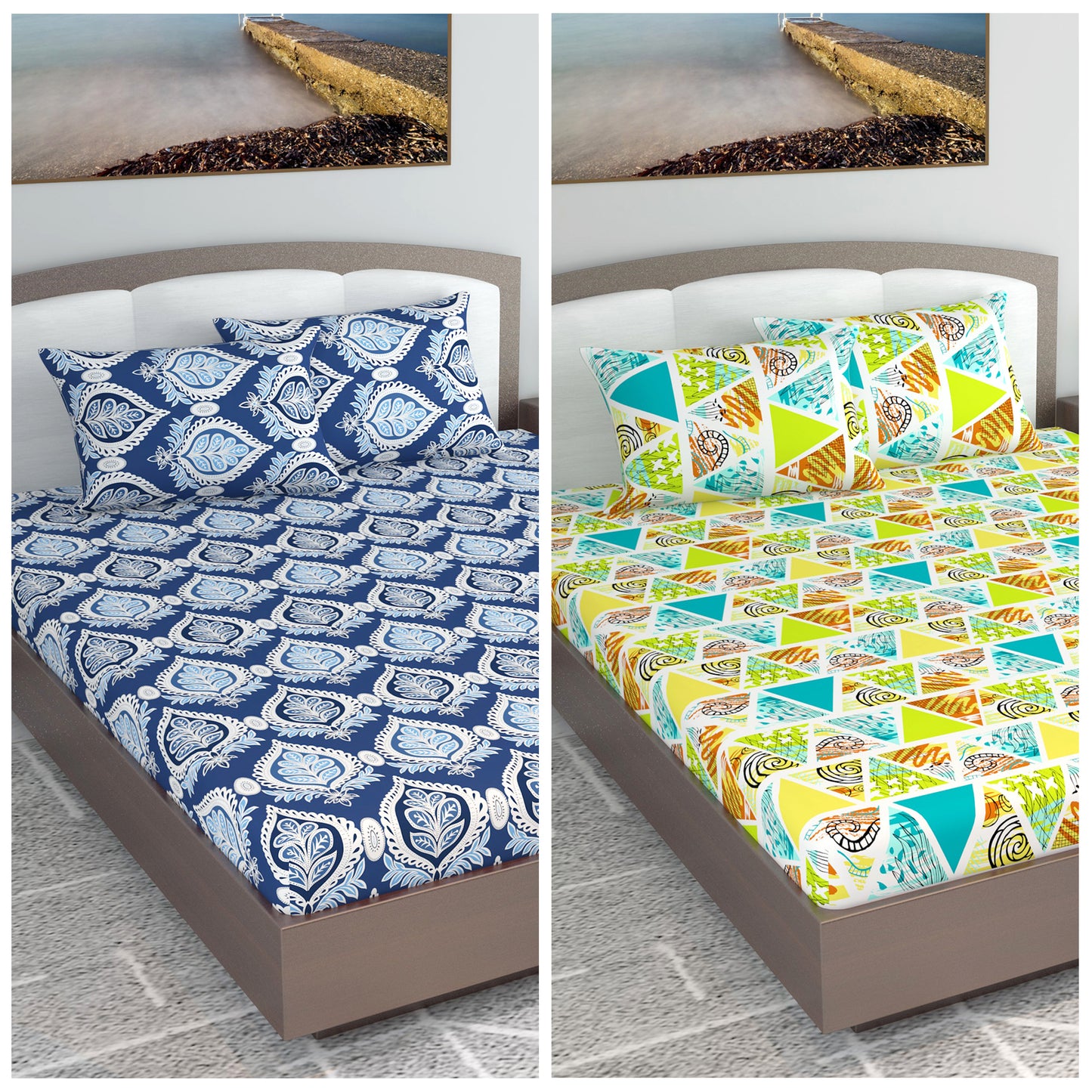 Blue and Multicolor Printed Set of 2 Combo Bedsheet for King Size Bed