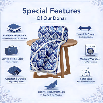 Damask Motif Blue Super Soft Brushed 144 TC 100% Cotton Double Bed Dohar