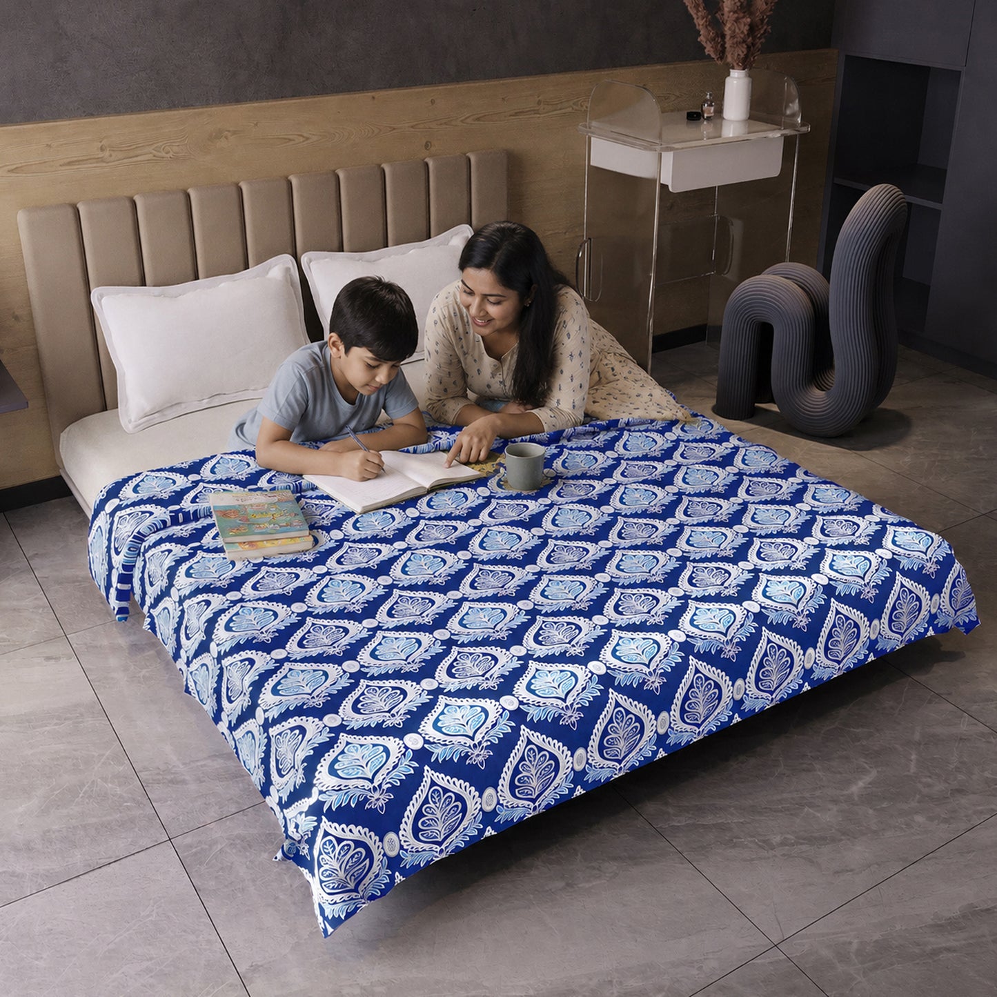 Damask Motif Blue Super Soft Brushed 144 TC 100% Cotton Double Bed Dohar