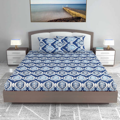 Blue 144 TC 100% Cotton Floral Pattern King Size Bed Bedsheet with 2 Pillow Covers Bed Sheet For Bedroom
