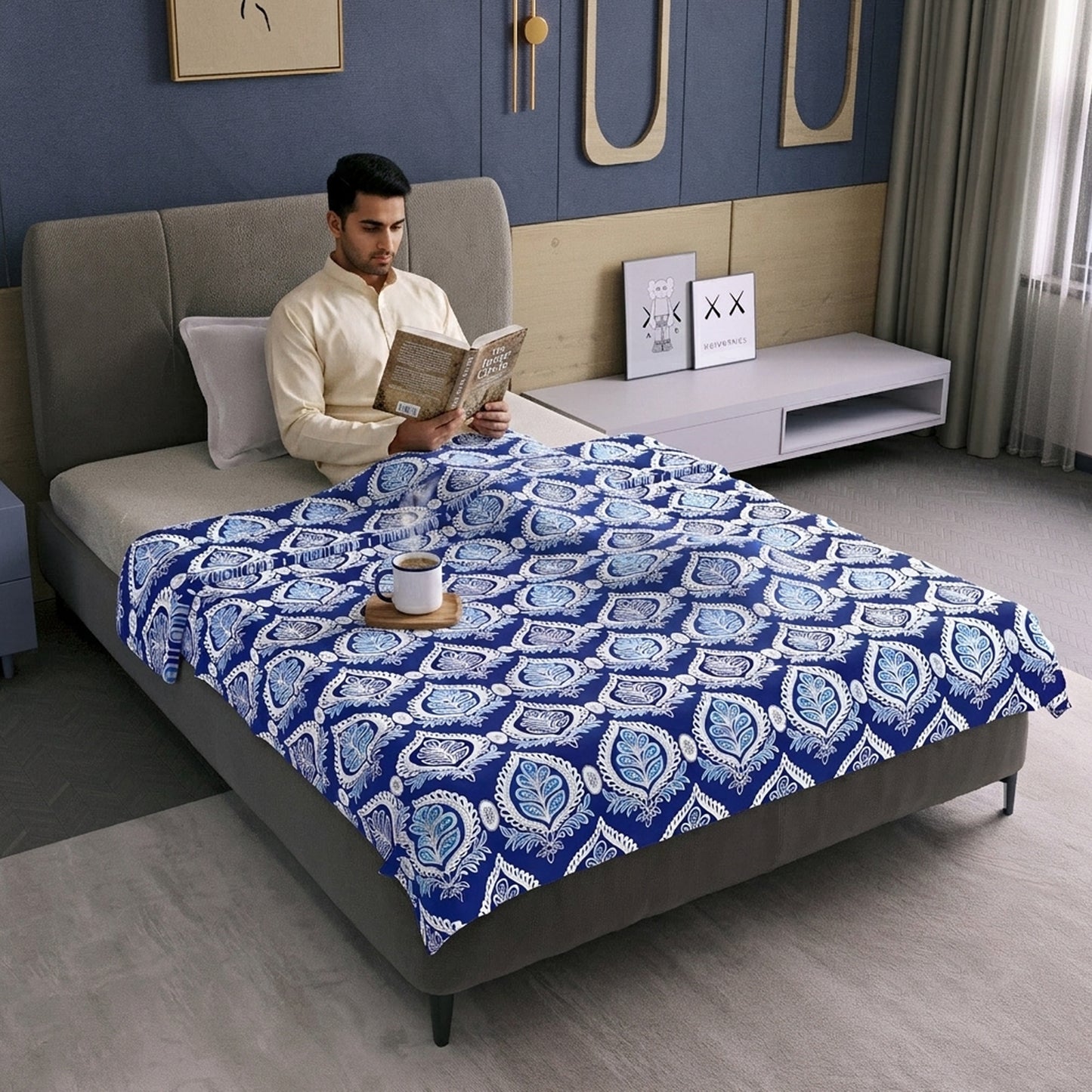 Damask Motif Blue Super Soft Brushed 144 TC 100% Cotton Single Bed Dohar