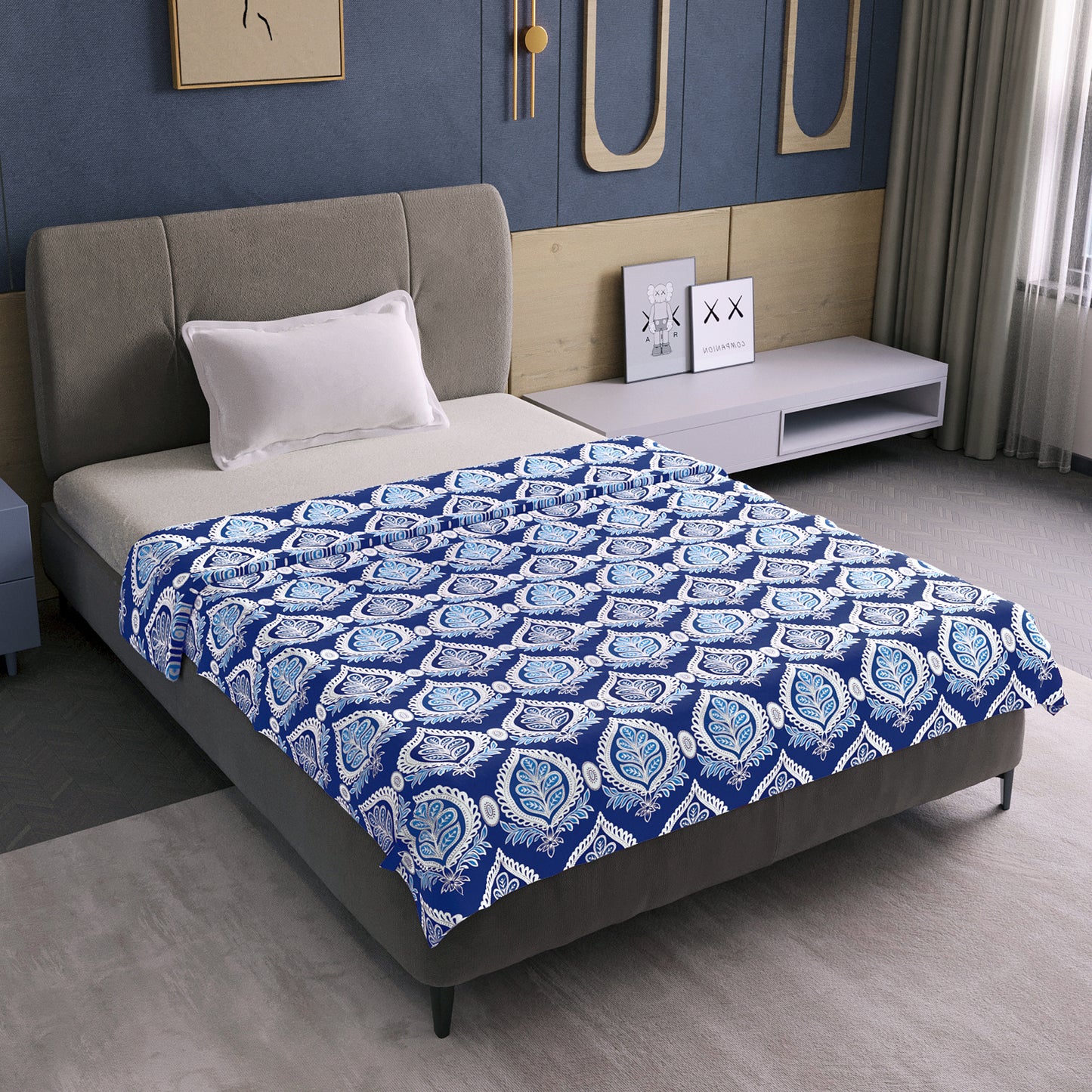 Damask Motif Blue Super Soft Brushed 144 TC 100% Cotton Single Bed Dohar