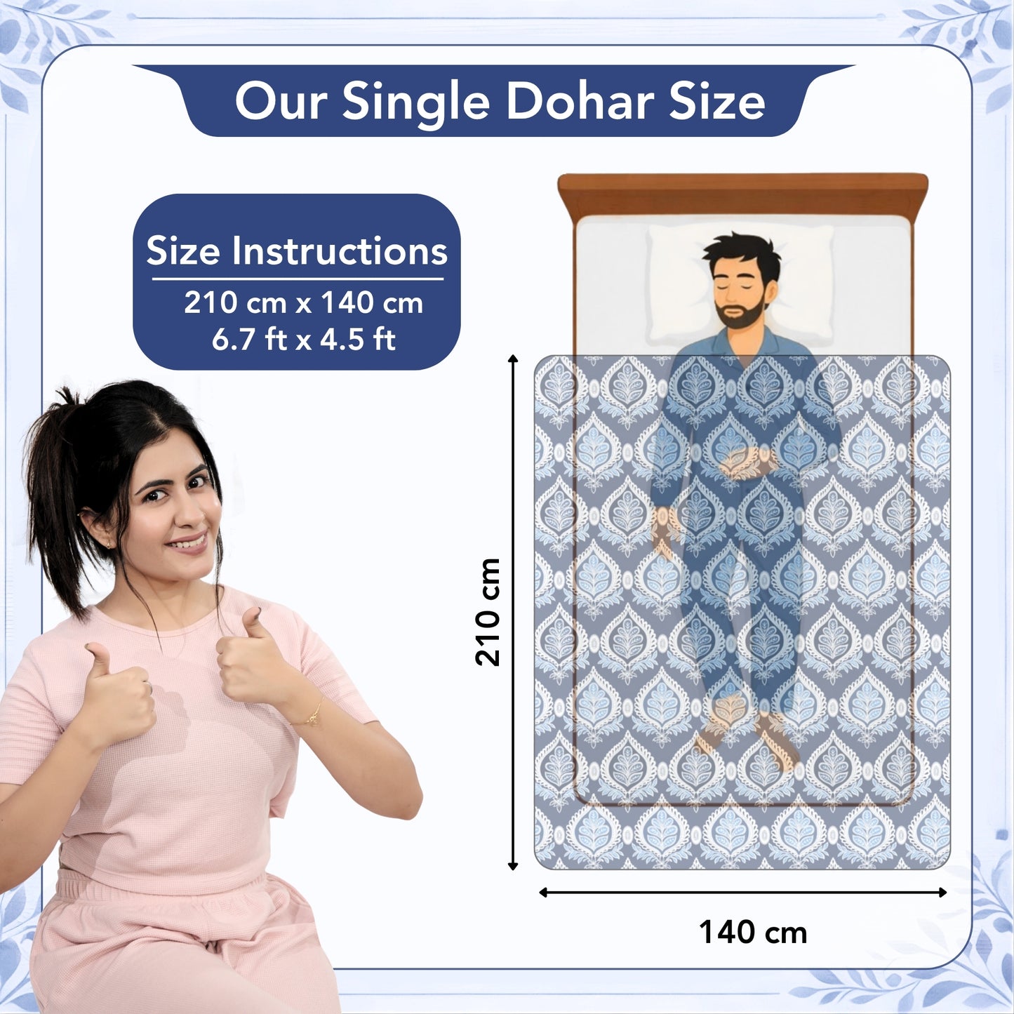 Damask Motif Blue Super Soft Brushed 144 TC 100% Cotton Single Bed Dohar