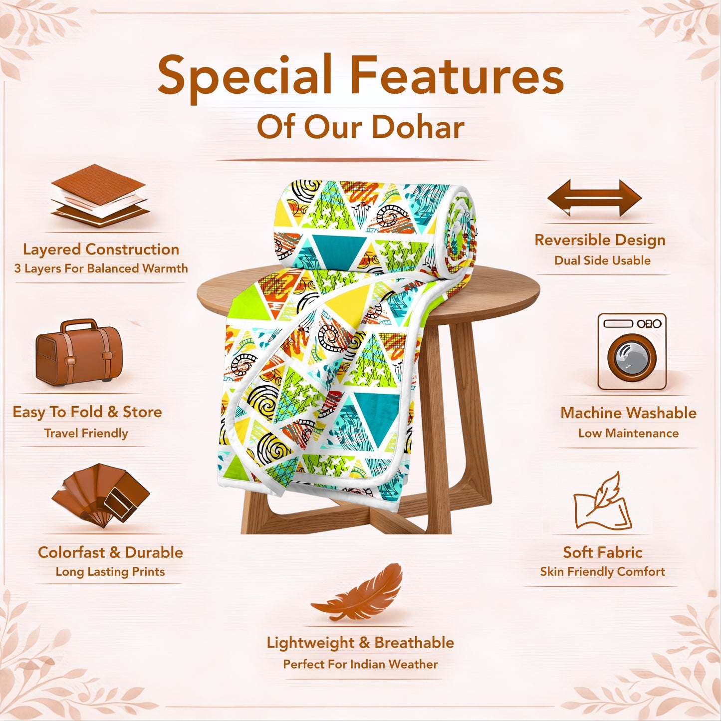 Triangle Candy Print 144 TC 100% Cotton Lightweight Dohar for Single Bed