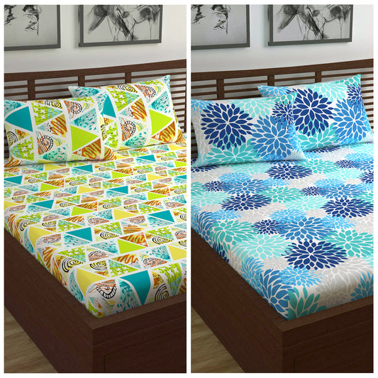 Orange and Blue Printed Combo Set of 2 Bedsheet for Double Bed