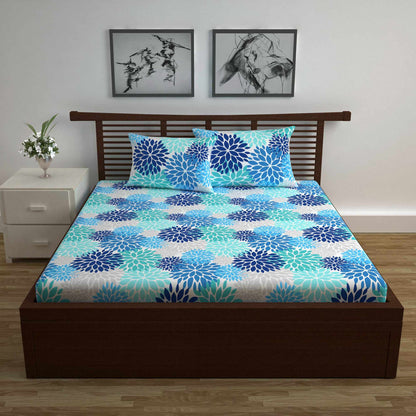 Sky Blue and Grey 144 TC 100% Cotton Floral Pattern Double Bed Bedsheet with 2 Pillow Covers Bed Sheet For Bedroom