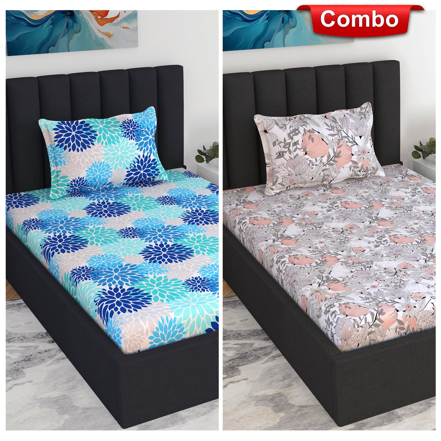 Blue and Grey Floral Print Elastic Fitted Combo Bedsheet For Single Bed