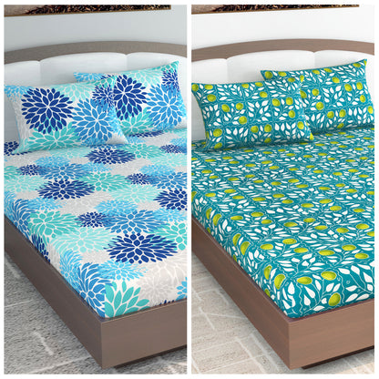 Green and Light Blue Floral Print Set of 2 Combo Bedsheet for King Size Bed