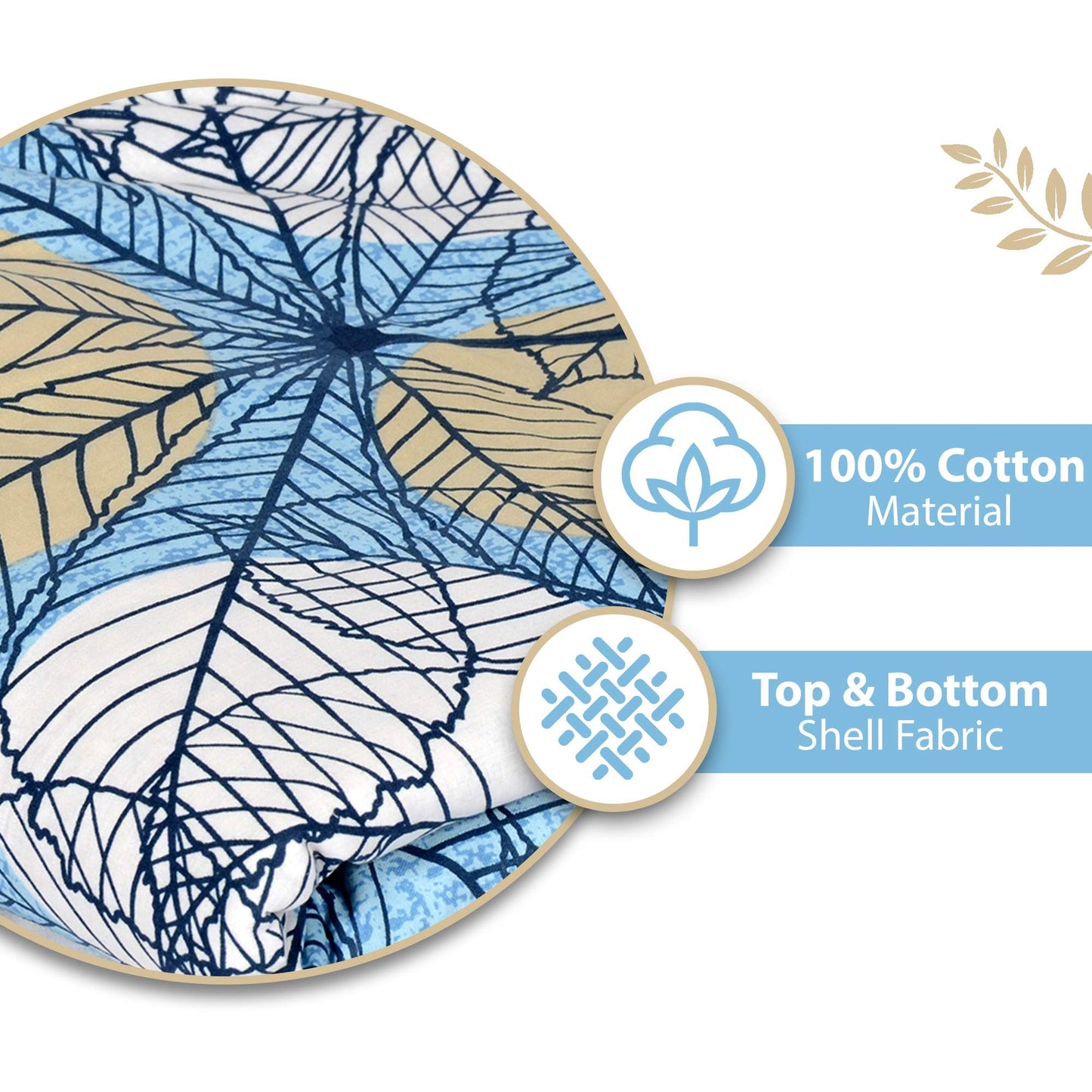 Blue and Beige 120 GSM Cotton Floral Leaf Pattern Single Bed AC Blanket Dohar for All Season