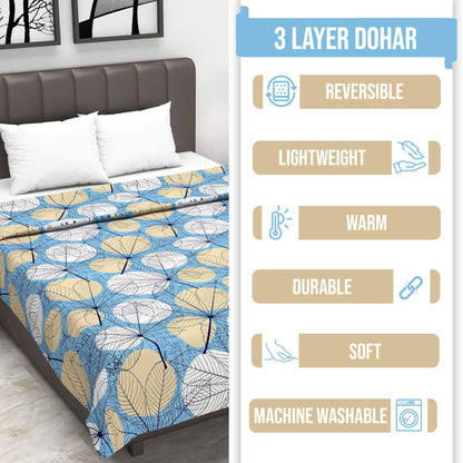 Blue and Beige 120 GSM Cotton Floral Leaf Pattern Single Bed AC Blanket Dohar for All Season