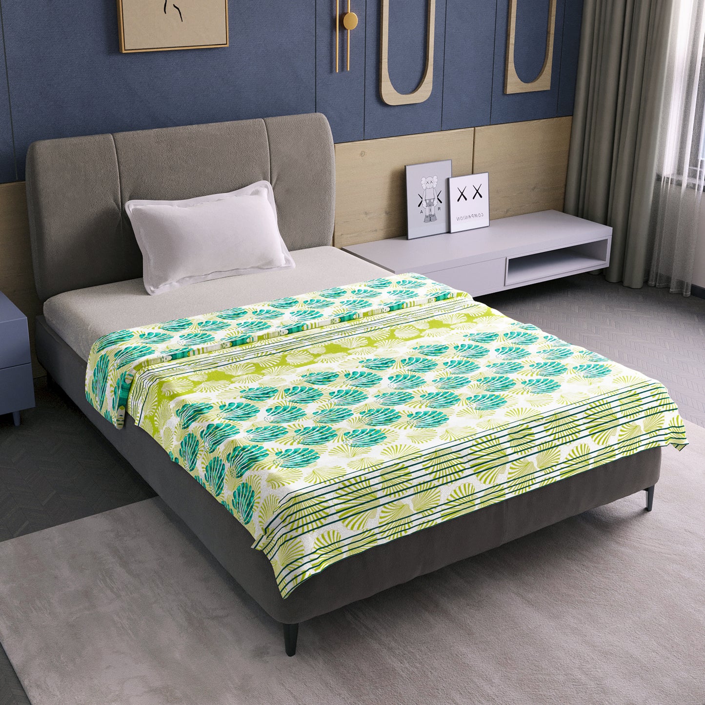 Yellow and Blue 120 TC Cotton Floral Single Bed AC Blanket Dohar for All Season